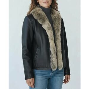J.G. Hook Womens Black Genuine Leather Jacket Large Shawl Fox Fur Trim Coat